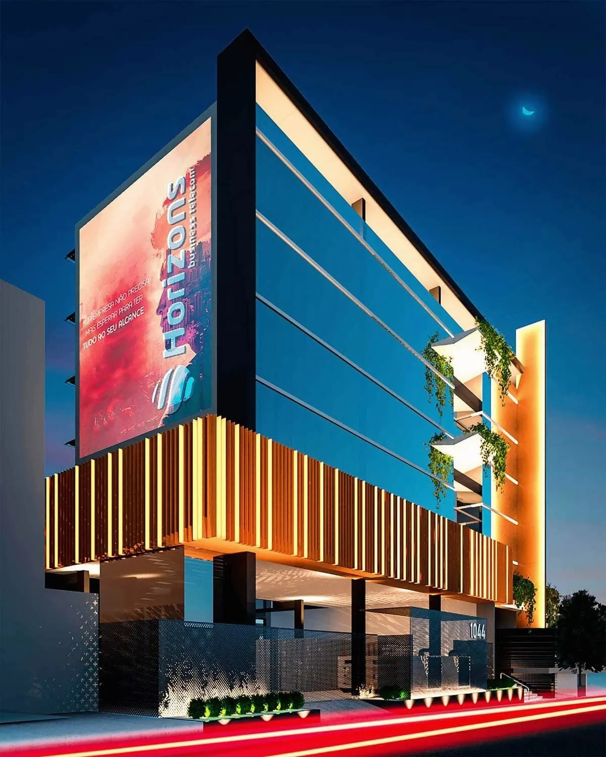 Fachada de prédio comercial com painel iluminado ao entardecer, projeto da sede da Horizons Telecom