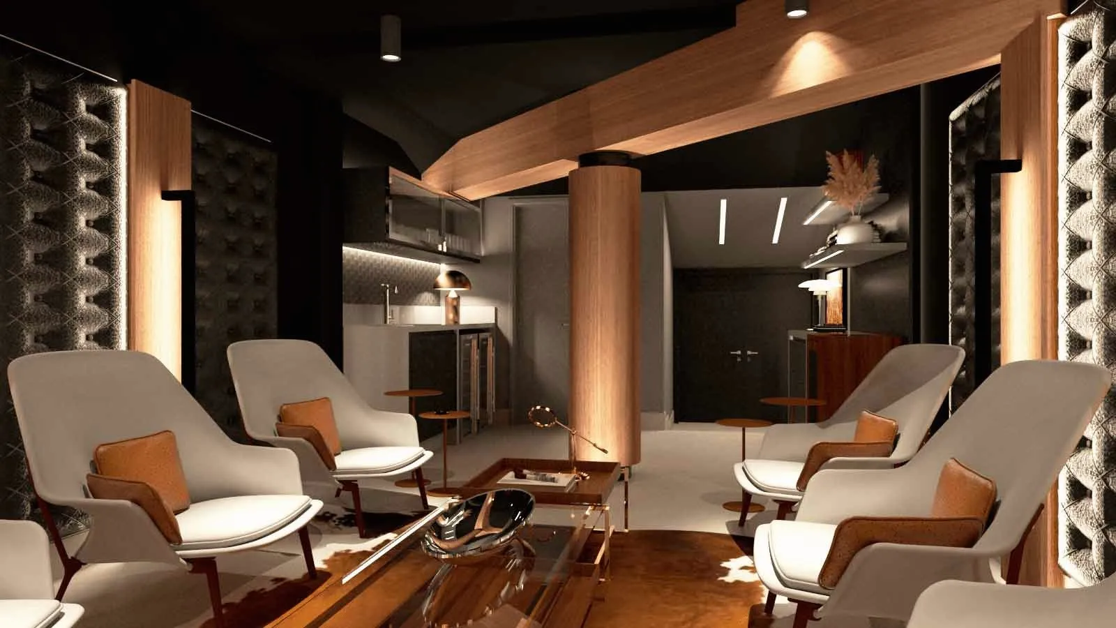Lounge com coluna revestida de madeira e iluminação indireta