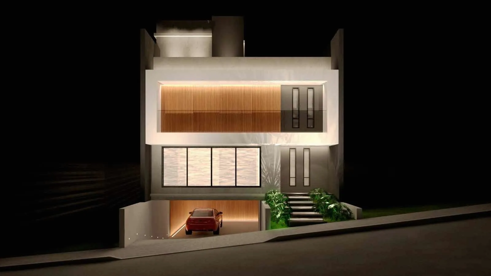 Fachada de casa contemporânea iluminada à noite