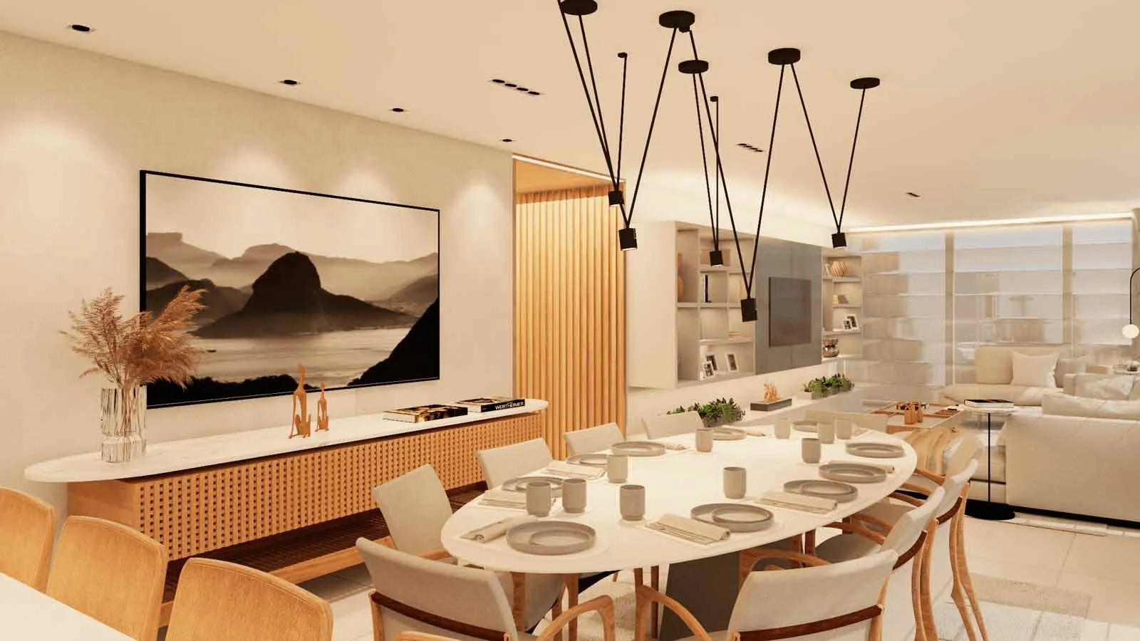 Sala de jantar com mesa oval, pendentes e painel de madeira
