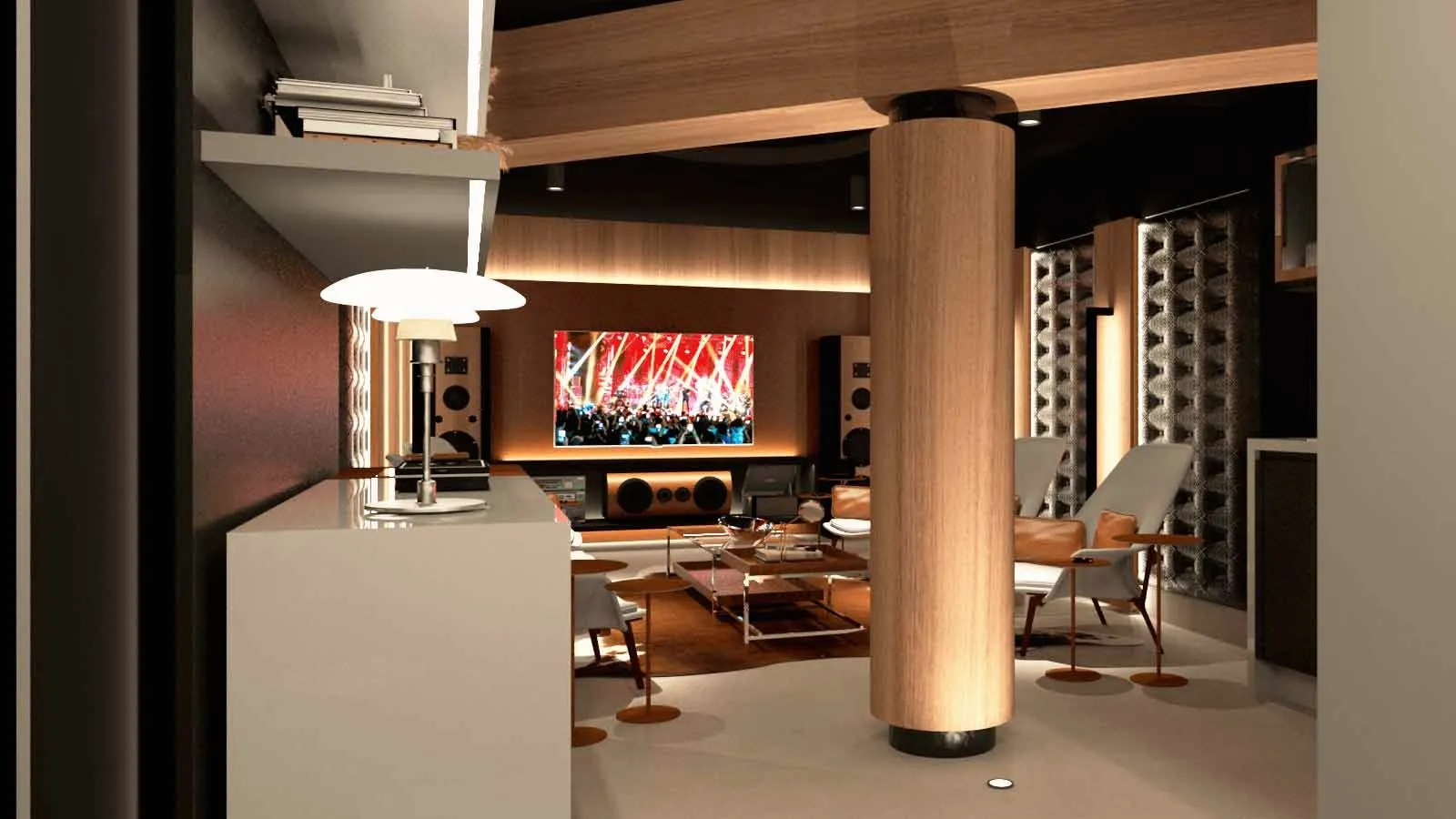 Lounge com painel de madeira, poltronas e telão