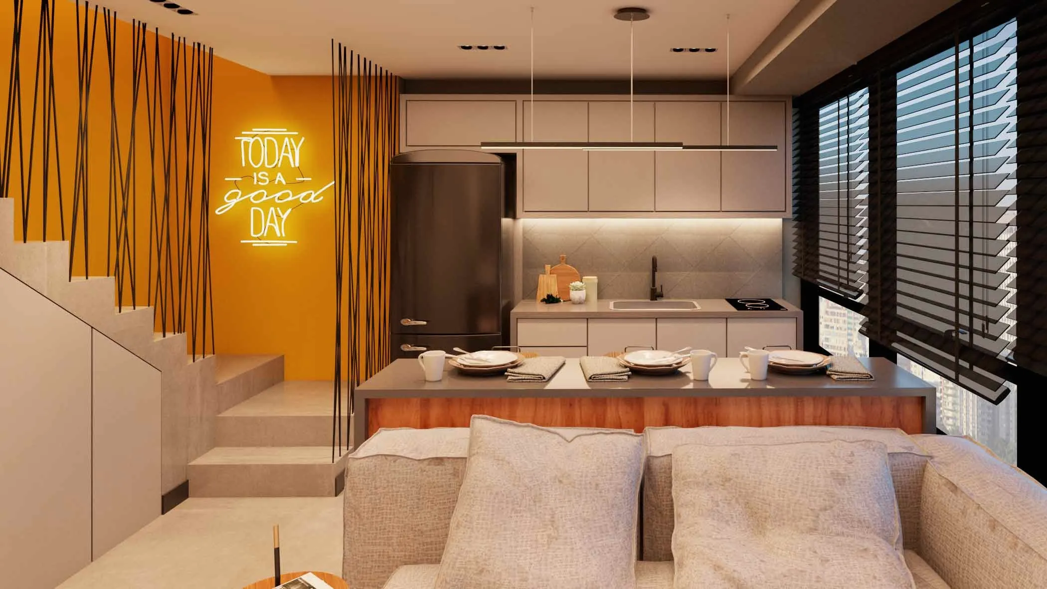 Studio com cozinha, painel amarelo e escada com ripado